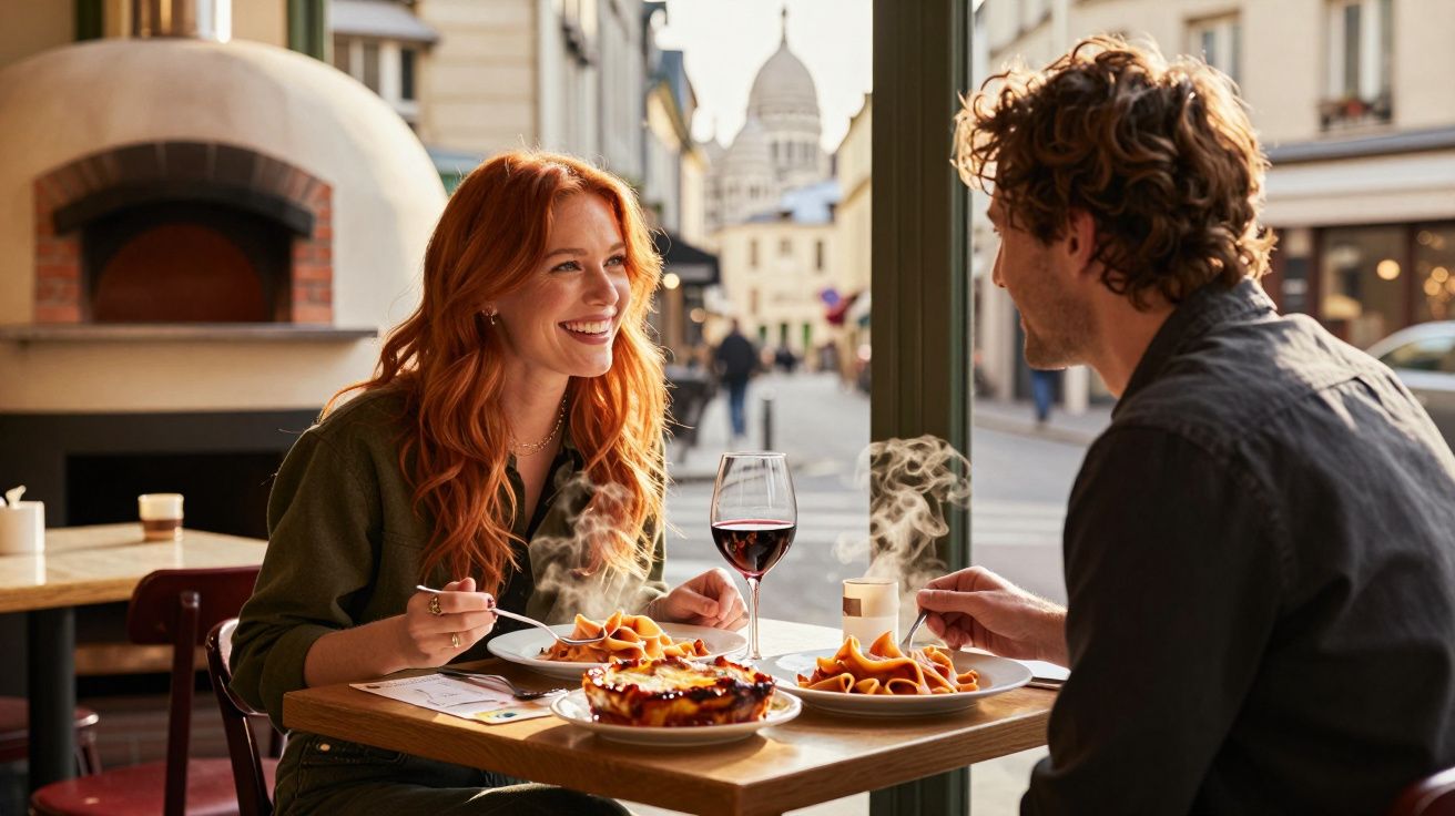 Casal sorridente jantando massa fumegante com vinho em restaurante aconchegante com vista para a cidade.