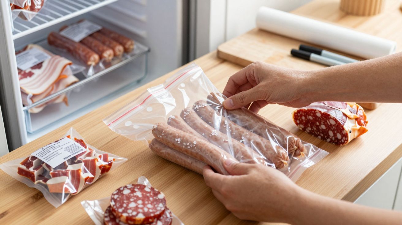 Mãos segurando saco plástico com salsichas frescas sobre bancada de madeira e frios embalados ao lado.