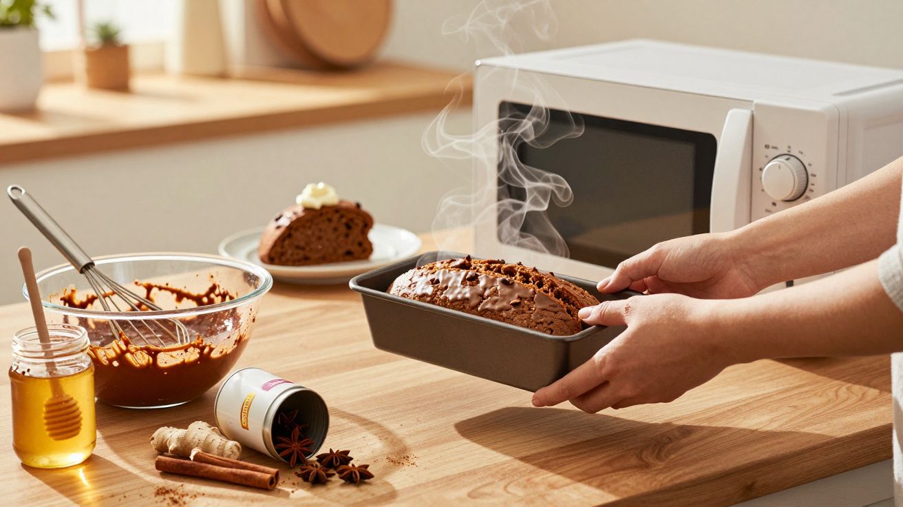 Pessoa retirando bolo de chocolate quente do forno em cozinha com ingredientes sobre a bancada.