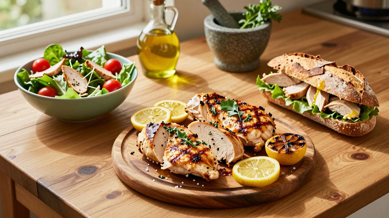Frango grelhado com limão, sanduíche de frango e salada com tomate em mesa de madeira iluminada.