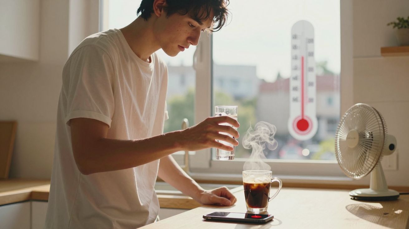 Homem segurando copo de água perto de café quente e ventilador em cozinha iluminada pela luz do dia.