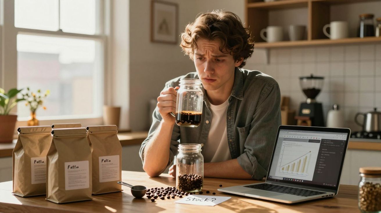 Jovem sentado em cozinha analisando gráfico no notebook e segurando jarra de café com expressão preocupada.