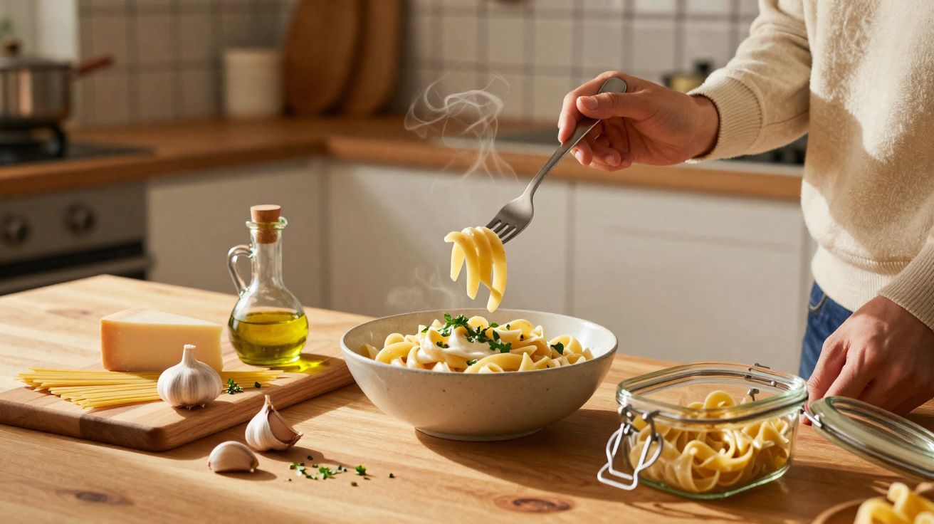 Pessoa segurando garfo com macarrão em prato, com alho, azeite e queijo na bancada de madeira.