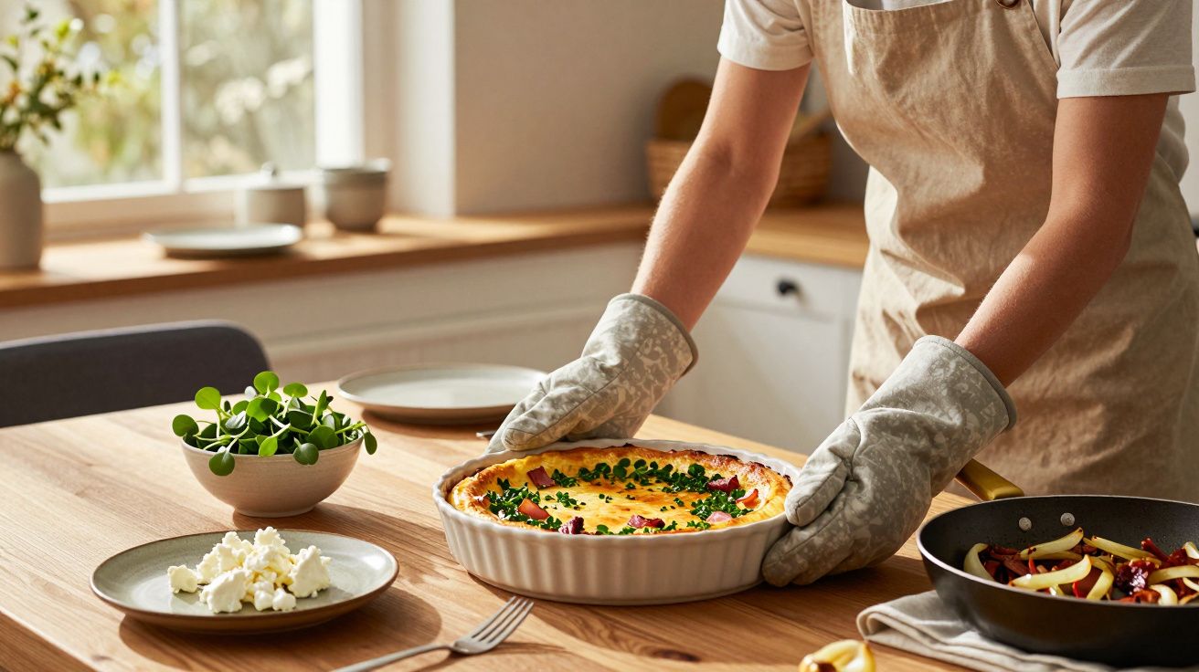 Pessoa com luvas de forno segura torta salgada em recipiente branco sobre mesa de madeira na cozinha.