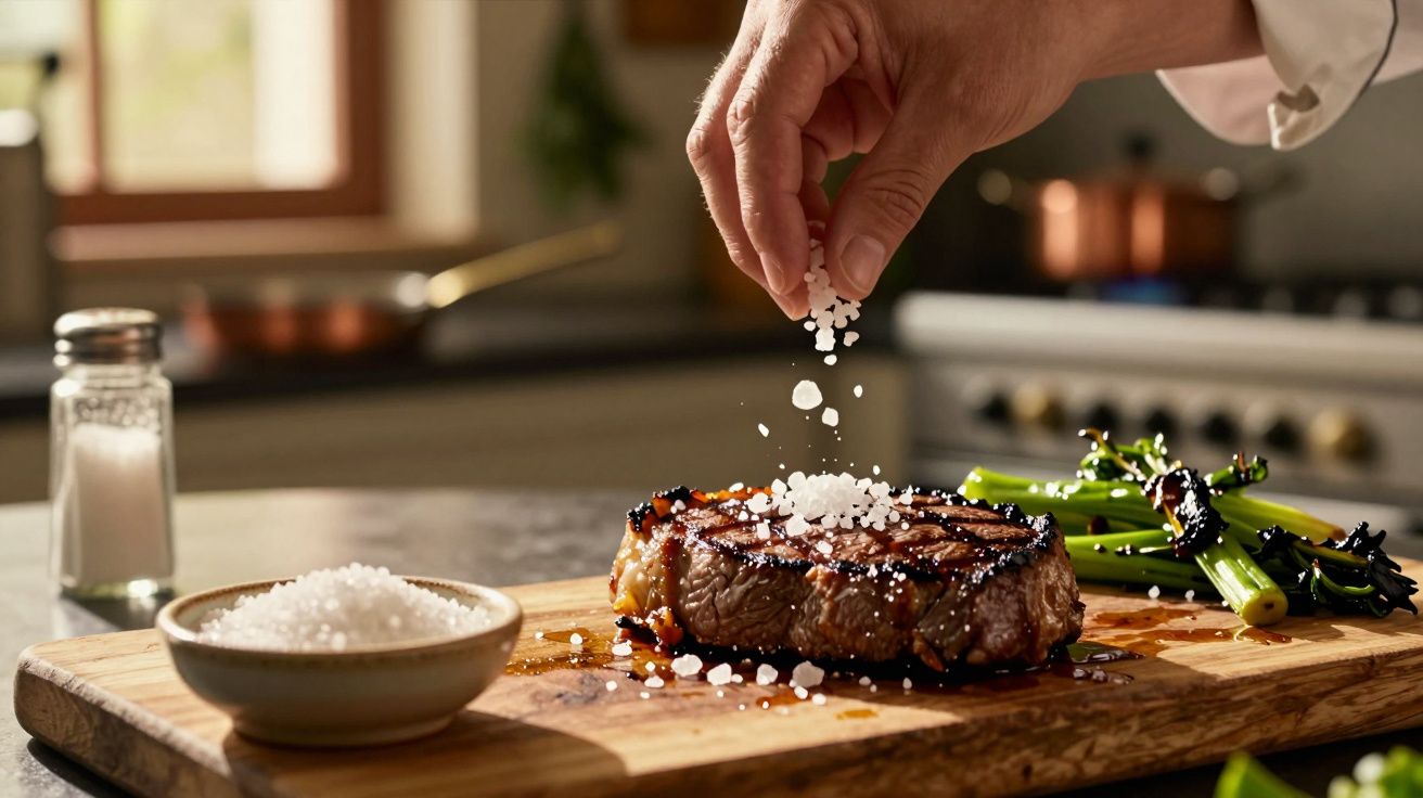 Mão salpicando sal grosso sobre um bife grelhado em tábua de madeira com legumes verdes ao lado.
