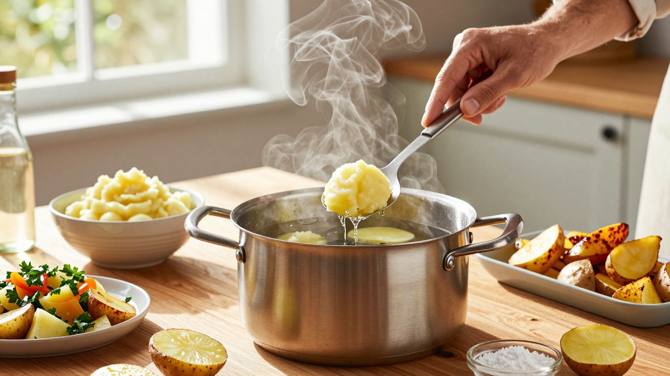 Mão tirando purê de batata fumegante de panela de inox em cozinha com pratos de batatas assadas e purê.