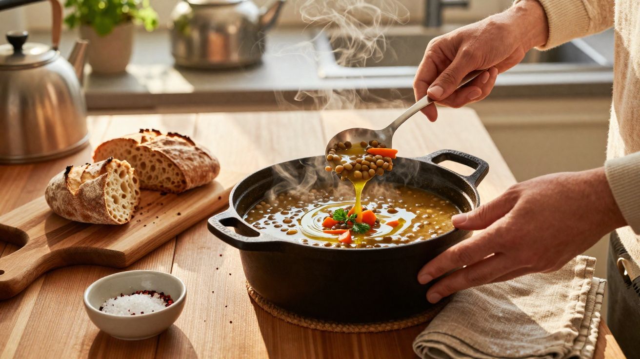 Mãos servindo sopa quente de lentilhas com cenoura em panela de ferro, com pão e sal na mesa de madeira.