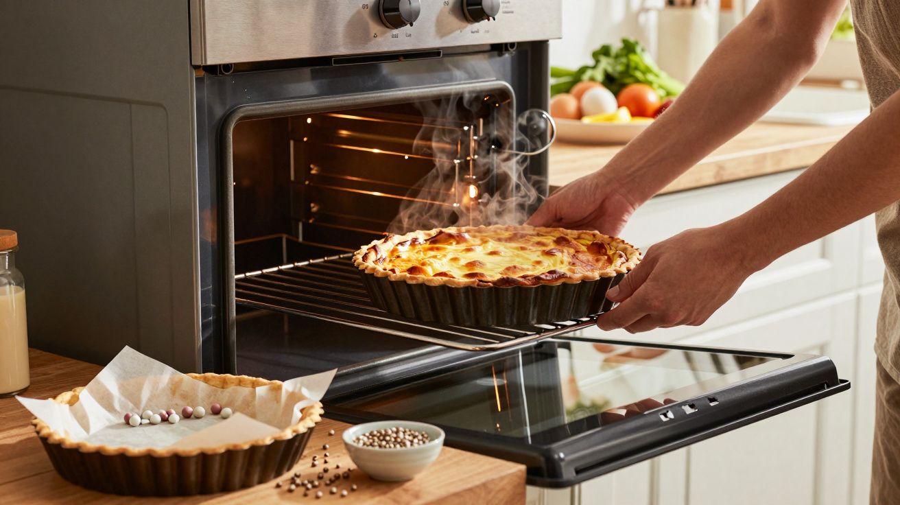 Pessoa retirando torta quente e fumegante do forno em cozinha doméstica bem iluminada.