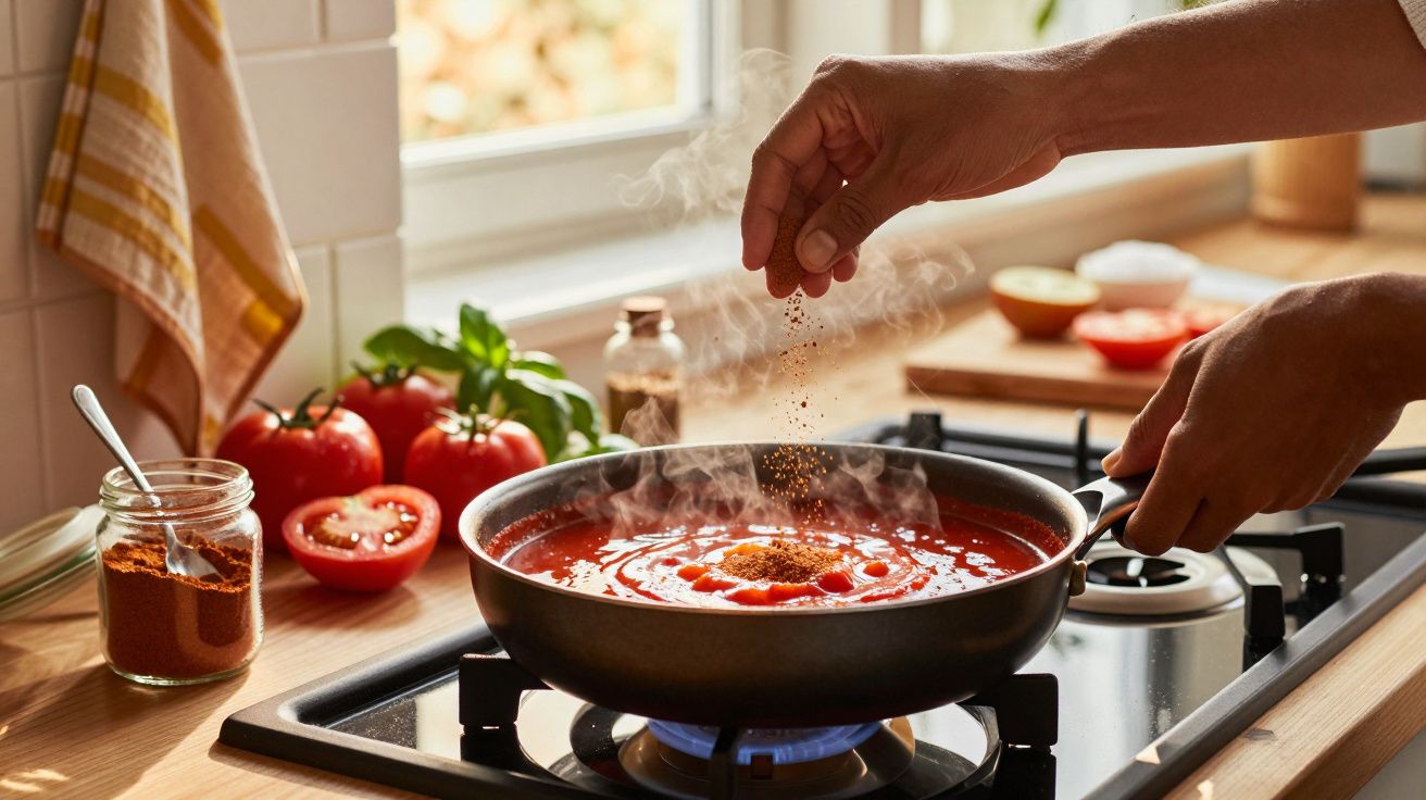 Mãos temperando molho de tomate fresco em panela no fogão em cozinha iluminada pela luz natural.