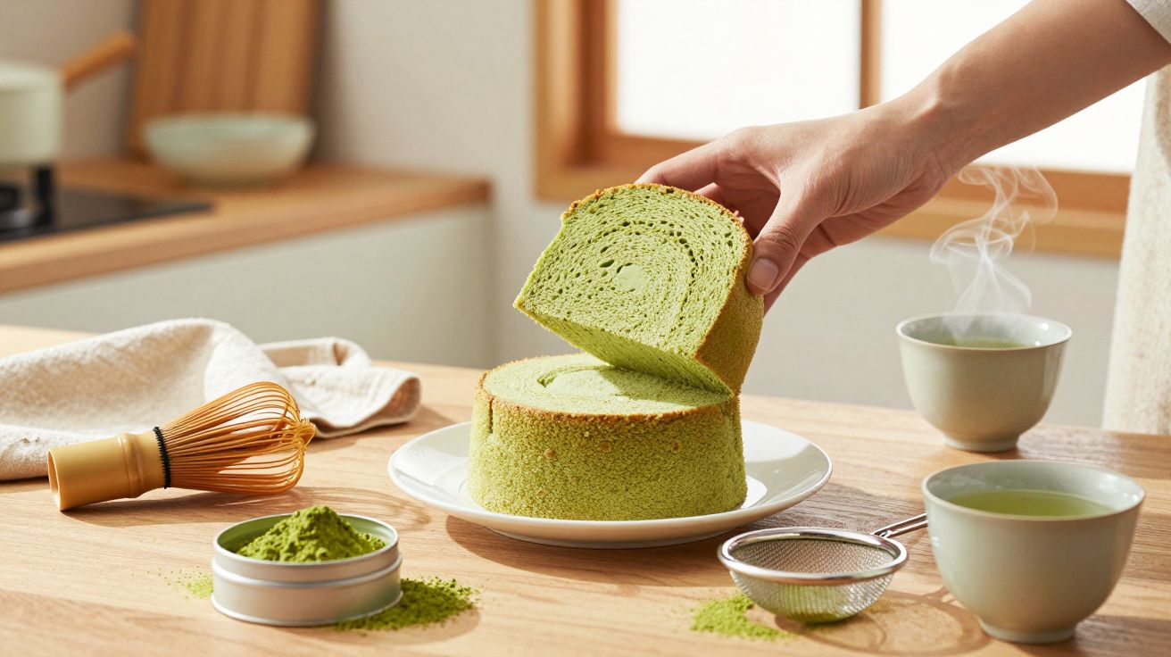 Mão segurando fatia de bolo verde com chá quente, pó de matcha e utensílios de preparo à mesa de madeira.