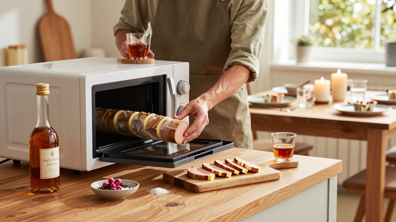 Pessoa colocando pão em formato de rolo no micro-ondas, ao lado de garrafa e copo com bebida, em cozinha iluminada.