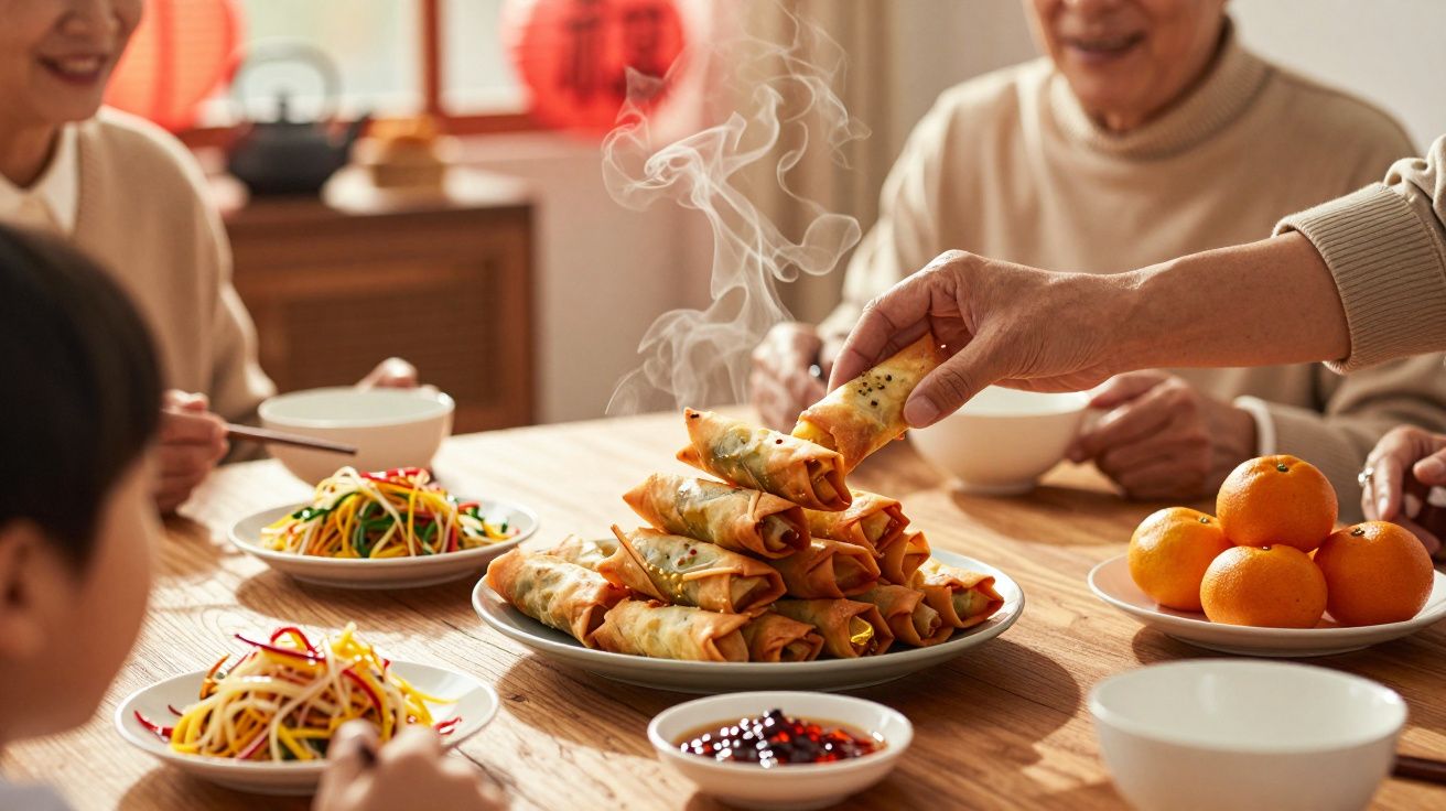 Mãos pegando rolinhos primavera quentes em uma mesa com pratos de comida asiática e pessoas ao redor.