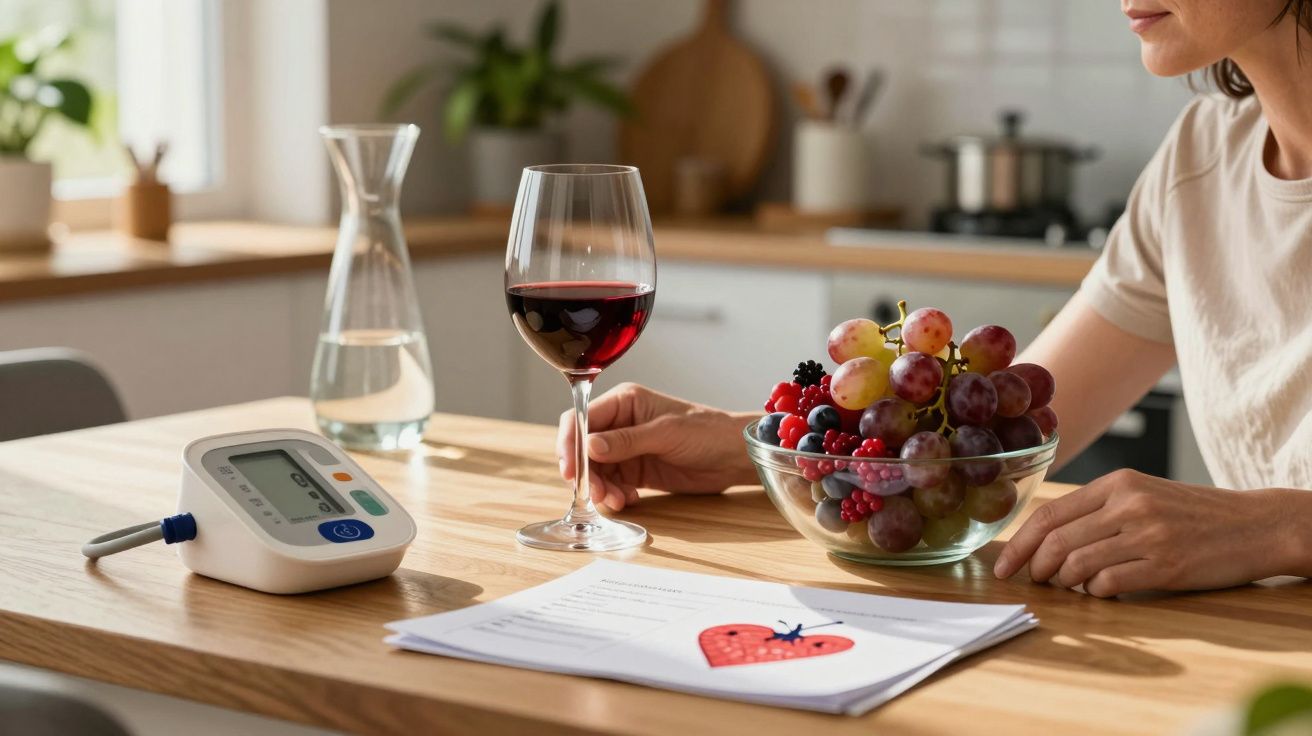 Pessoa segurando taça de vinho tinto perto de frutas, aparelho de pressão e documentos em mesa de cozinha.