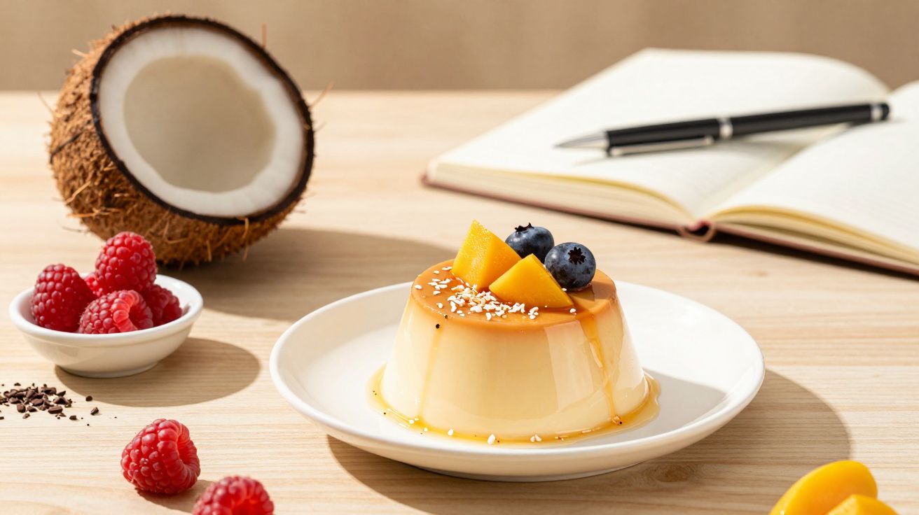 Pudim decorado com frutas e gergelim, framboesas, coco cortado, notebook e caneta sobre mesa de madeira clara.