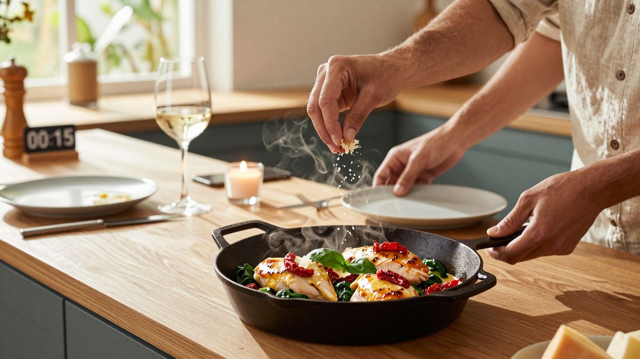 Pessoa temperando frango com espinafre e tomate seco em frigideira na bancada da cozinha.