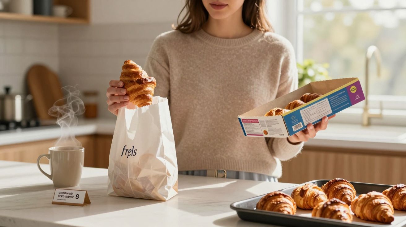 Mulher segurando caixa de croissants e colocando um em saco de papel na cozinha.