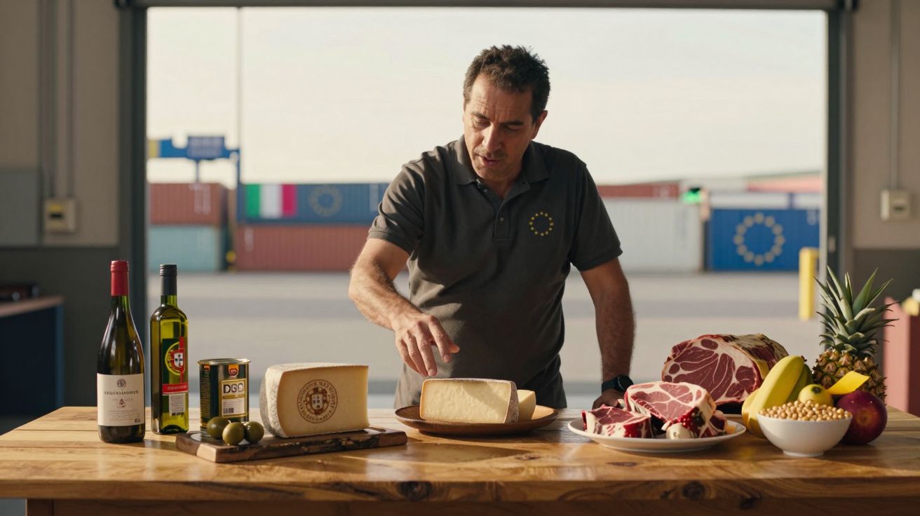 Homem arrumando queijos, carnes, frutas e azeite sobre mesa de madeira em ambiente industrial.