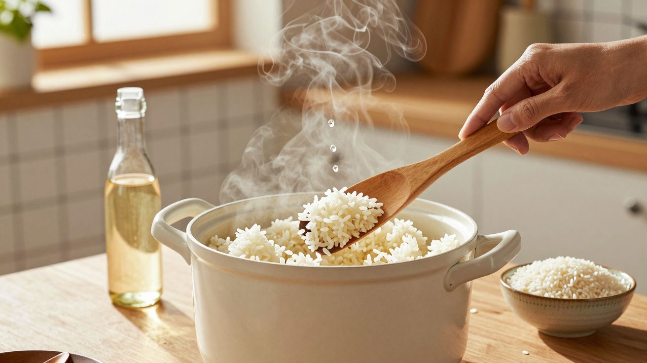 Mão mexendo arroz quente e vaporizando em panela branca na cozinha com janela ao fundo.