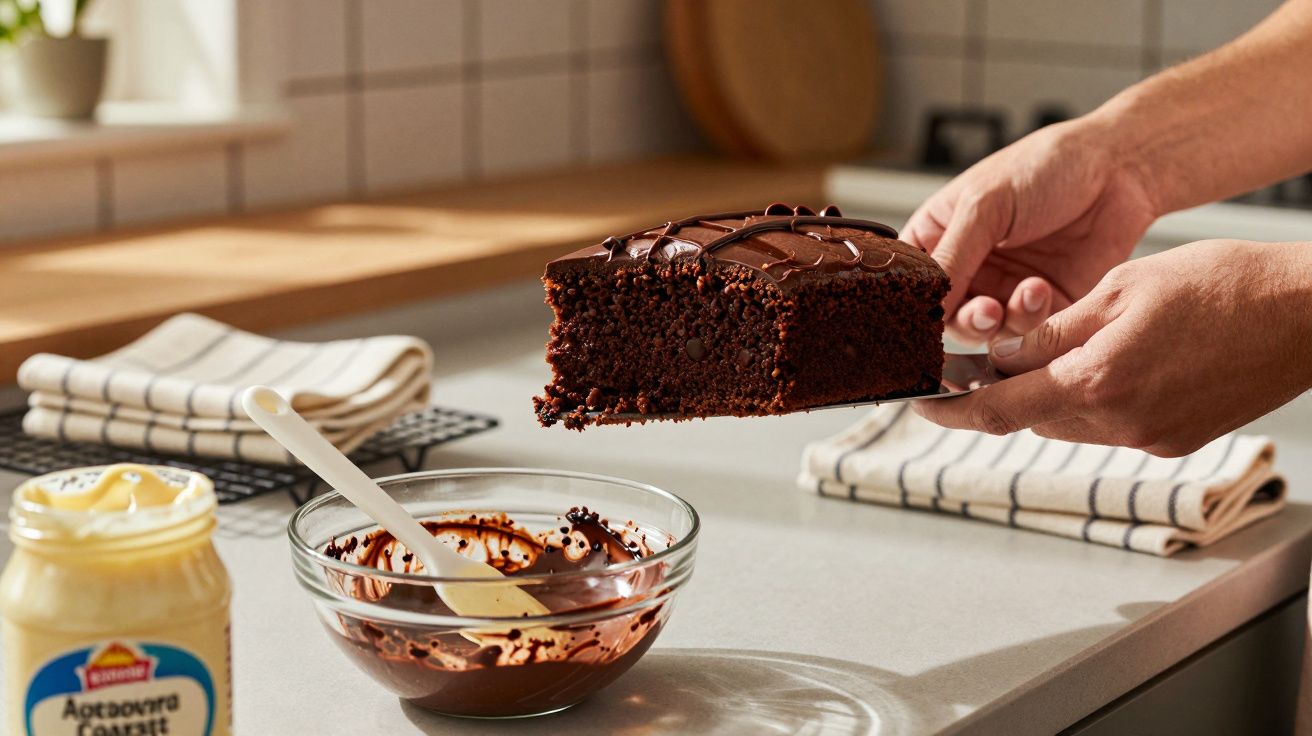 Pessoa segurando fatia de bolo de chocolate próximo a tigela com ganache e vidro de maionese na bancada da cozinha