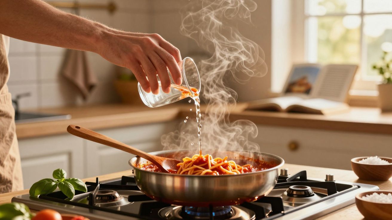 Pessoa adicionando água quente em panela com macarrão ao molho sobre fogão a gás na cozinha iluminada