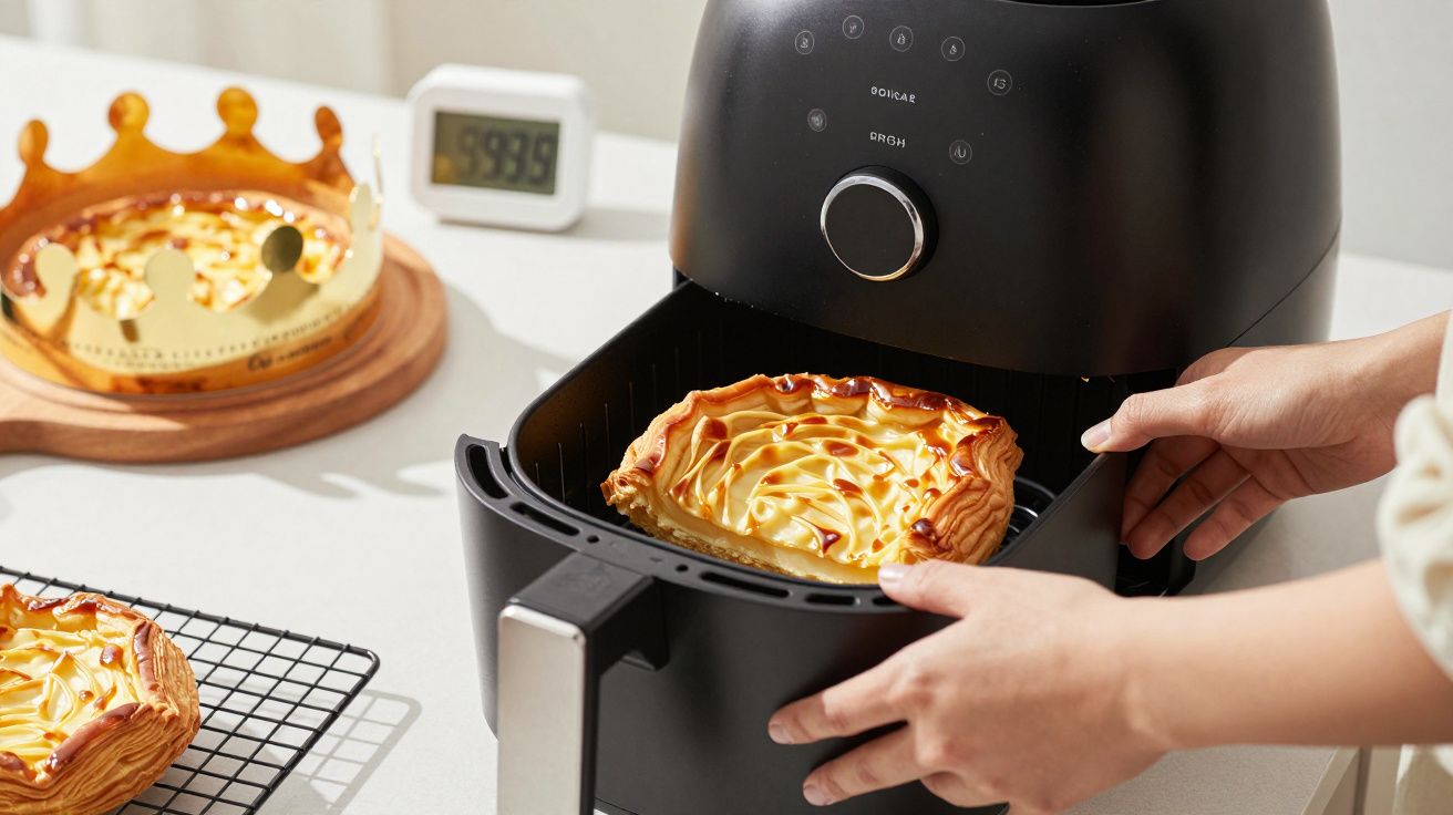 Pessoa retirando torta doce com cobertura dourada de assadeira de air fryer preta em bancada clara.