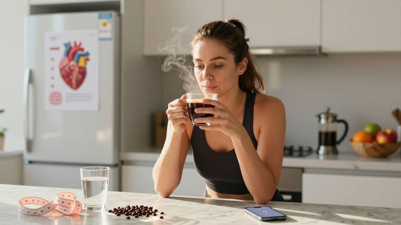 Mulher vestindo roupa de academia bebendo café quente em cozinha moderna, com grãos de café e fita métrica na mesa.