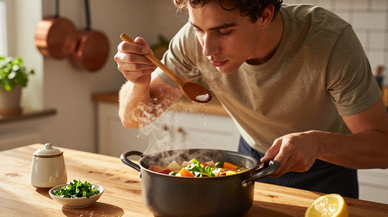 Homem temperando uma panela de legumes cozinhando em cozinha iluminada natural.