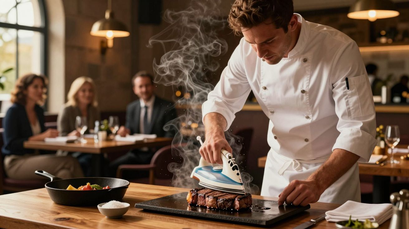 Chef usando ferro de passar para selar bife em chapa quente em restaurante com clientes ao fundo.