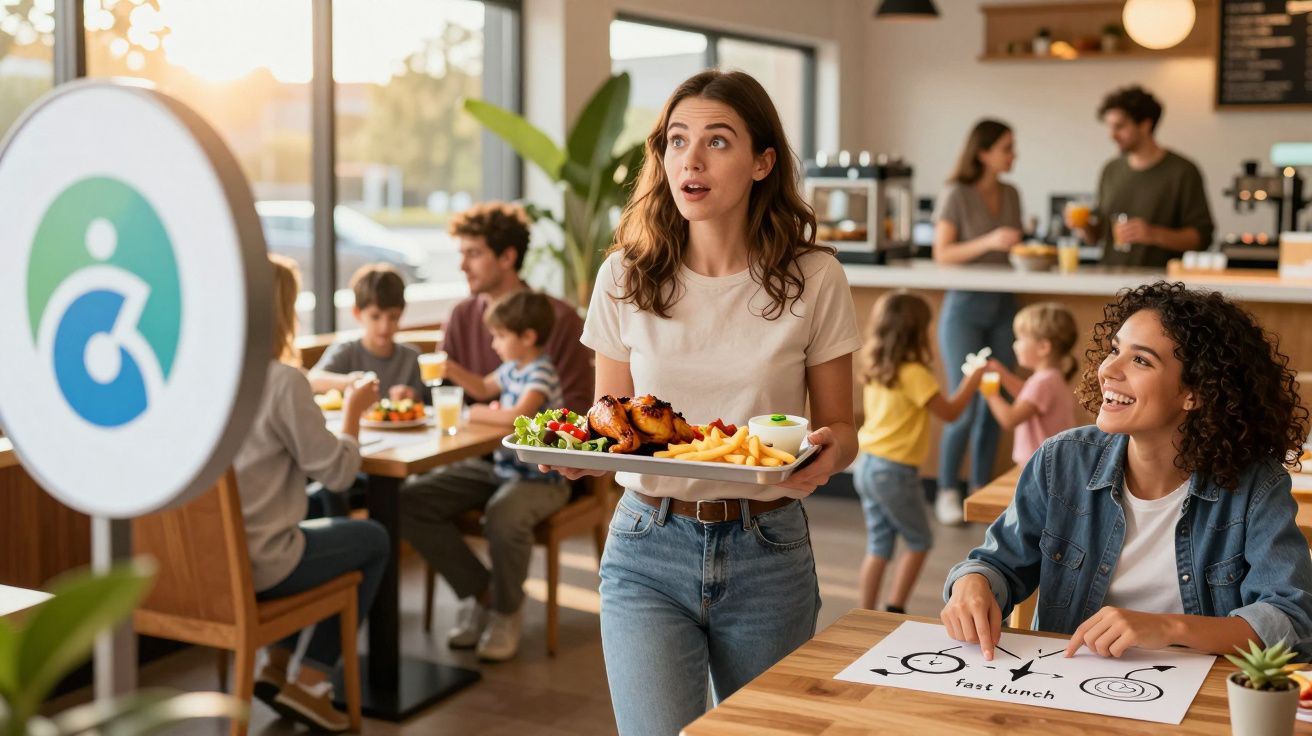 Mulher carregando bandeja com comida em restaurante movimentado com pessoas conversando e crianças brincando.