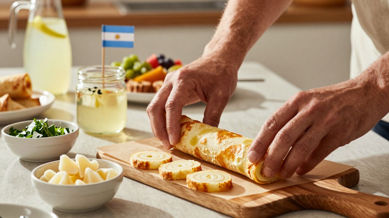 Mãos enrolando um crepe recheado sobre tábua de madeira com fatias cortadas e pratos de acompanhamentos.