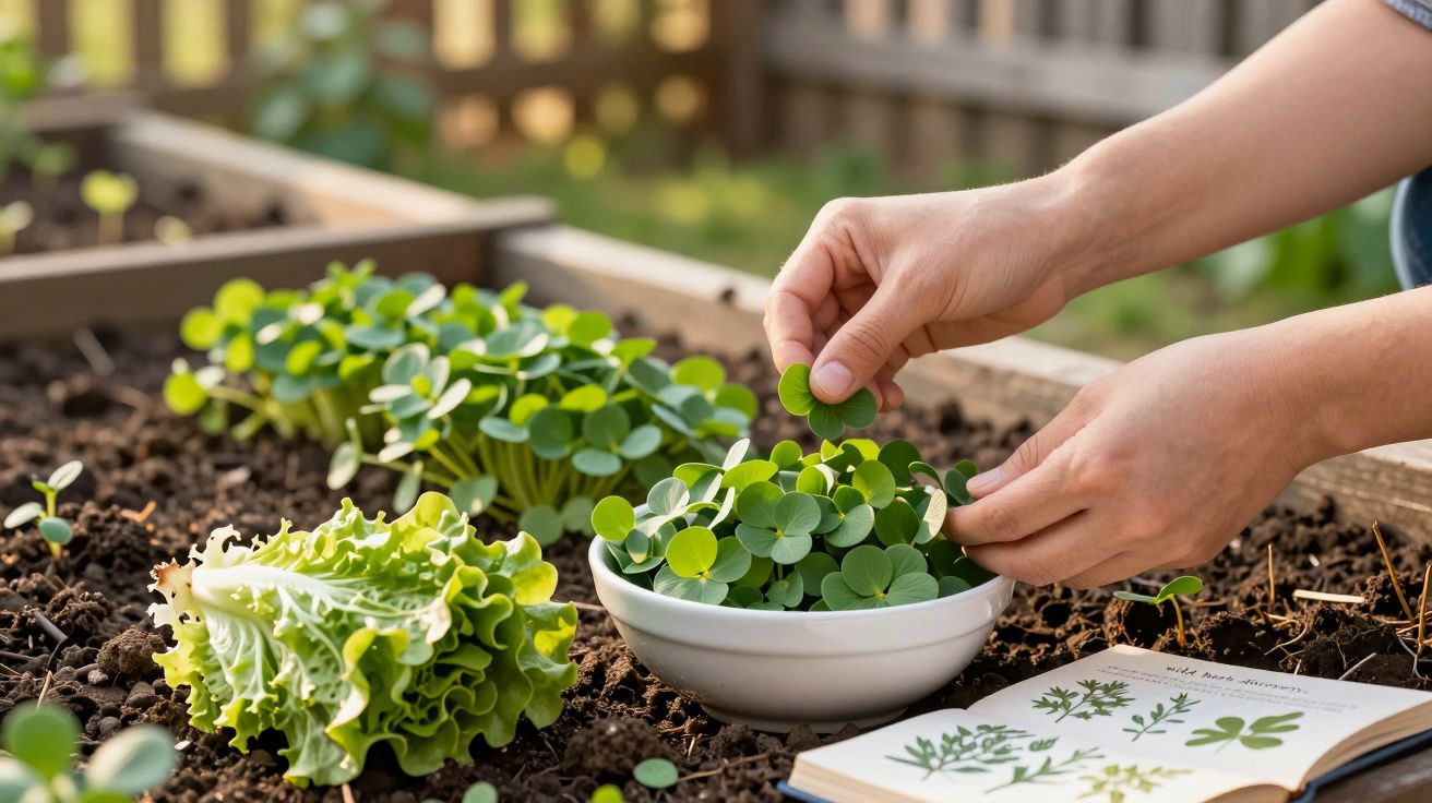 Mãos colhendo folhas verdes em uma tigela entre mudas plantadas em canteiro com livro aberto ao lado.