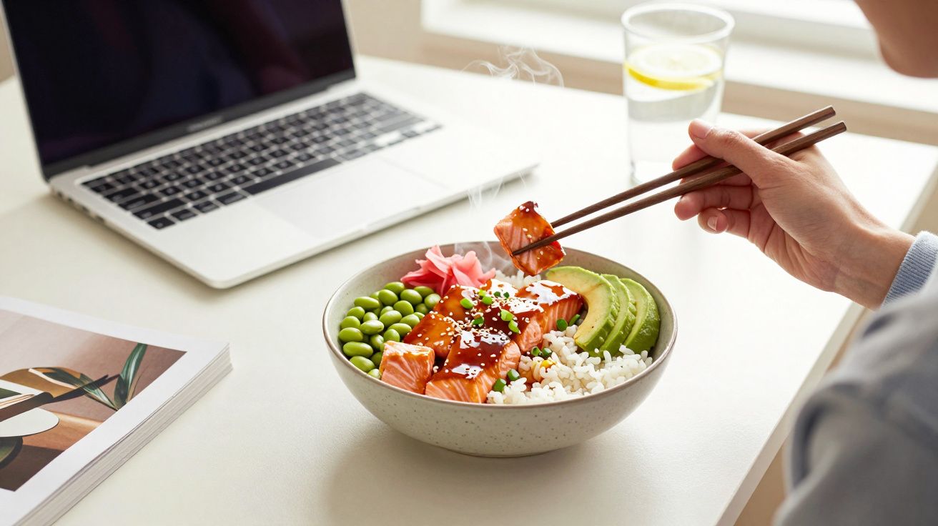 Pessoa segurando um pedaço de salmão com hashis sobre tigela de poke com arroz, edamame e abacate, ao lado de laptop.