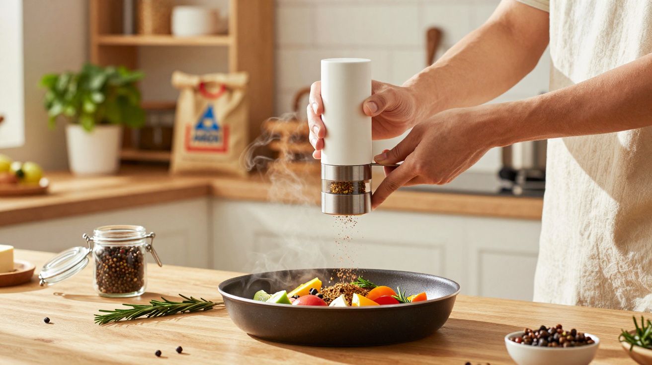 Pessoa moendo tempero em prato com legumes variados em cozinha clara e organizada