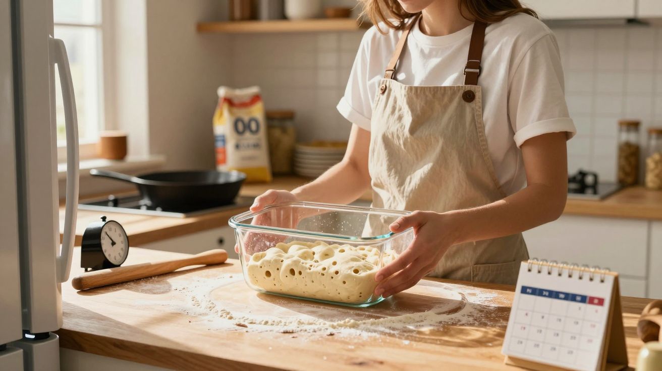 Mulher de avental preparando massa de pão em recipiente de vidro na bancada da cozinha.