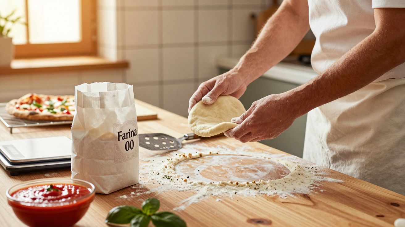 Pessoa abrindo massa de pizza em bancada com farinha, molho de tomate e pizza assada ao fundo.