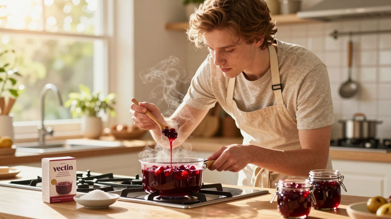 Jovem cozinha geleia de frutas vermelhas em panela na cozinha iluminada pela luz do dia.