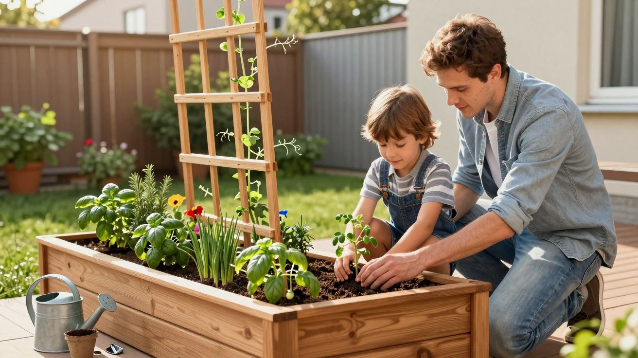 Pai e filho plantando mudas em um jardim elevado de madeira no quintal ensolarado de casa.