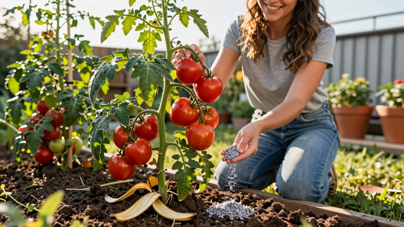 Mulher sorrindo aduba planta de tomateira com tomates vermelhos maduros em jardim ao ar livre.