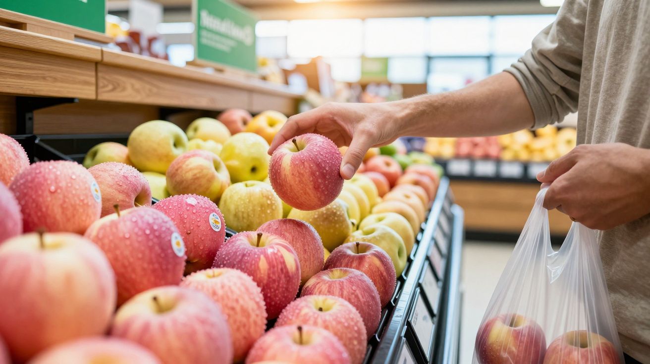 Pessoa escolhendo maçã vermelha em feira de frutas dentro de supermercado.