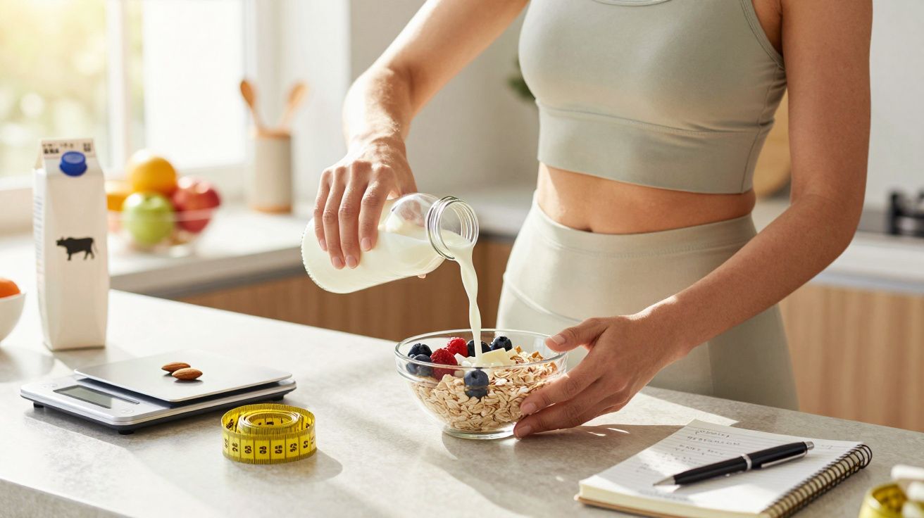 Mulher vestindo roupa esportiva serve leite em tigela com aveia e frutas na cozinha clara.