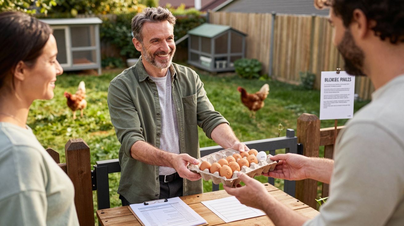 Homem sorridente entregando bandeja com ovos frescos a casal em ambiente rural com galinhas ao fundo.