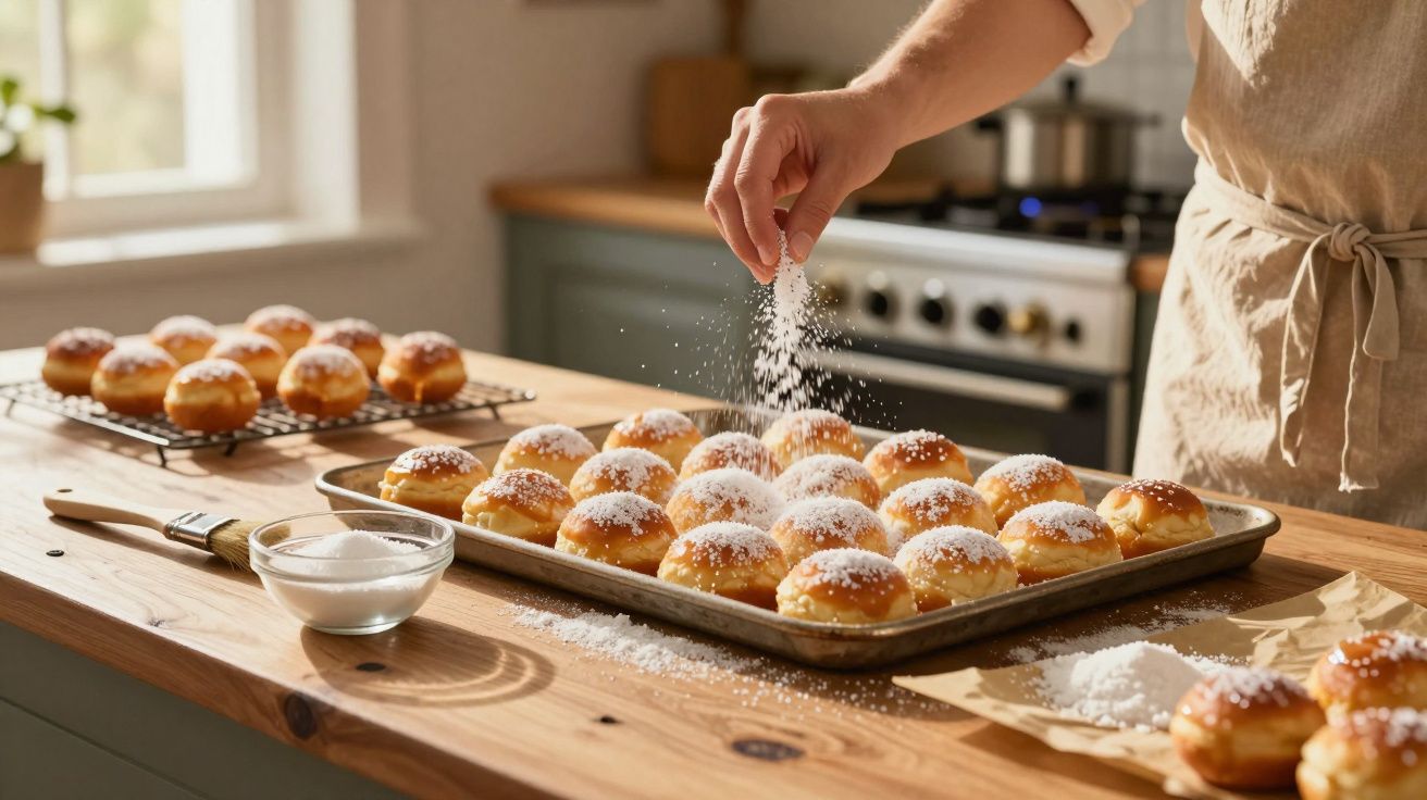 Pessoa polvilhando açúcar em mini pães doces sobre uma assadeira em cozinha iluminada pela luz natural.