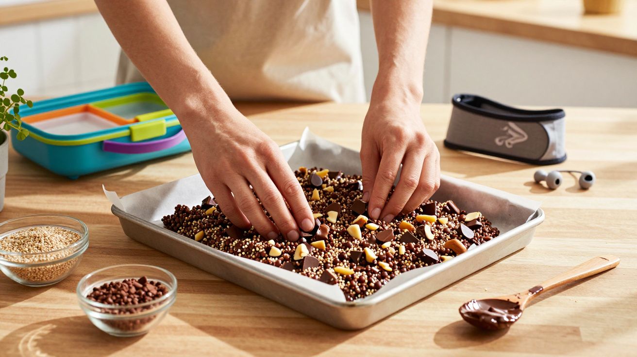Mãos decorando uma forma com chocolate e confeitos sobre bancada de cozinha clara.