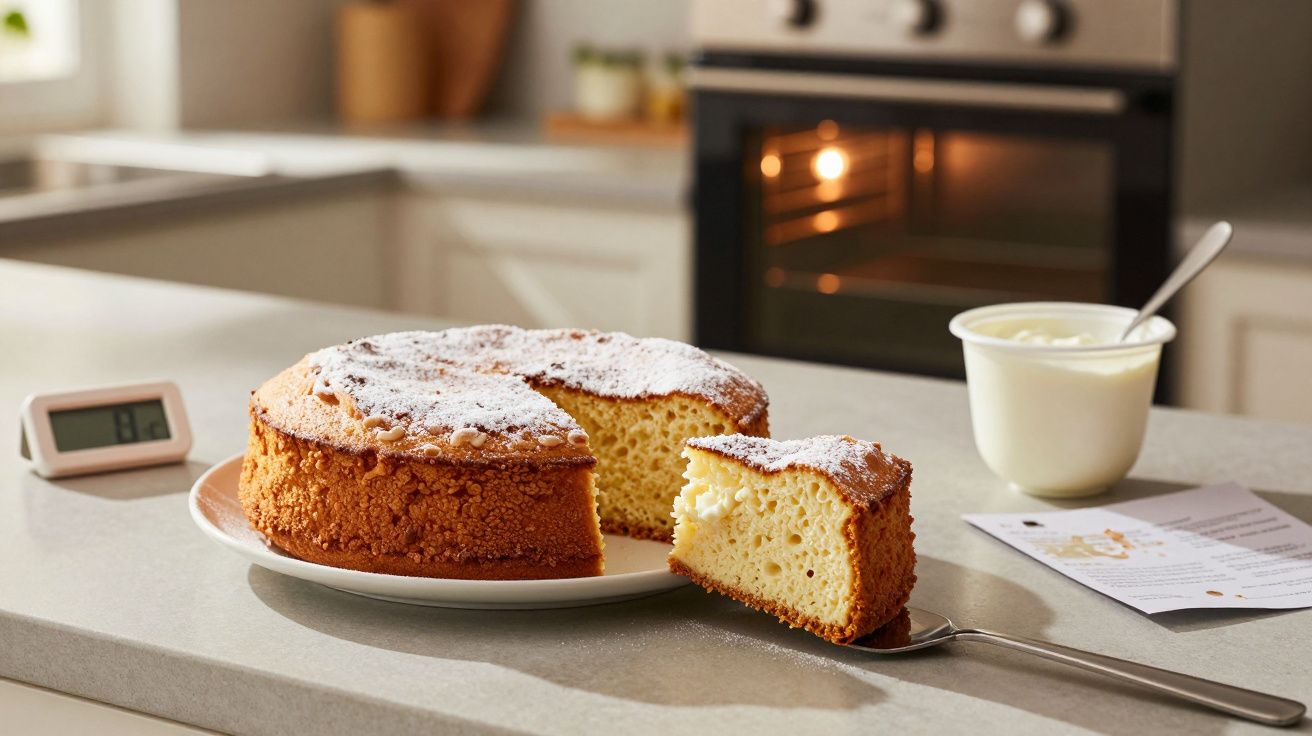Bolo caseiro com açúcar de confeiteiro em uma bancada de cozinha, com forno ligado ao fundo.
