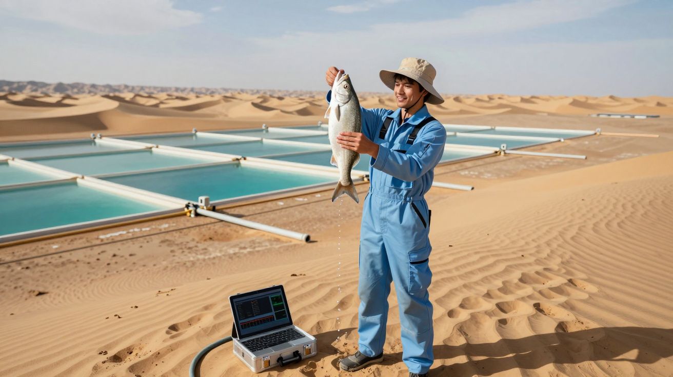 Homem com roupa de pescador segura peixe na mão perto de tanques de água no deserto de areia.