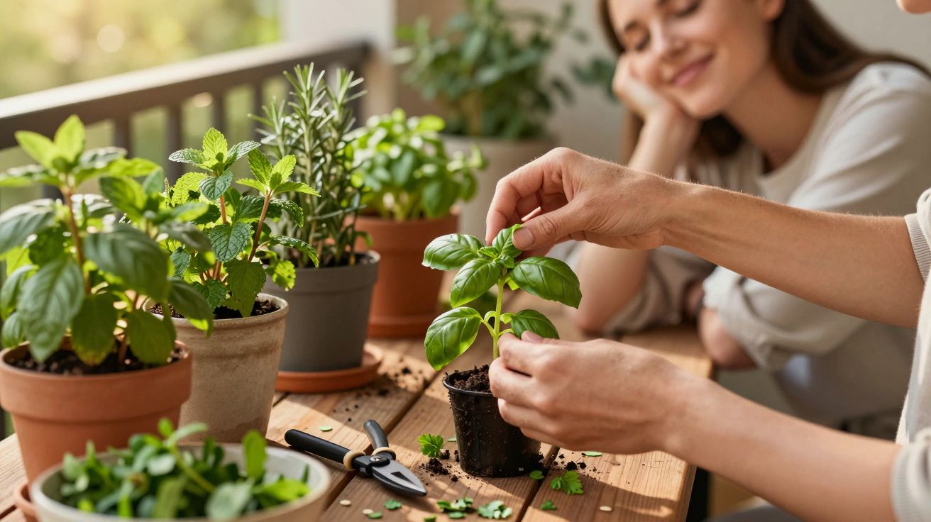 Pessoa cuidando de plantas em vasos sobre mesa de madeira enquanto mulher observa com sorriso ao fundo.