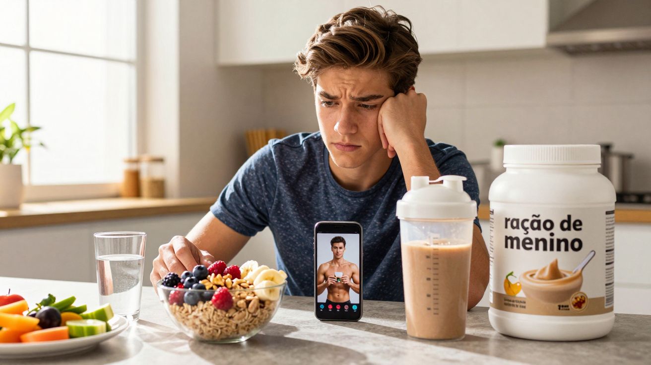 Jovem pensativo na cozinha com alimentos saudáveis, suplemento "ração de menino" e celular mostrando homem musculoso.
