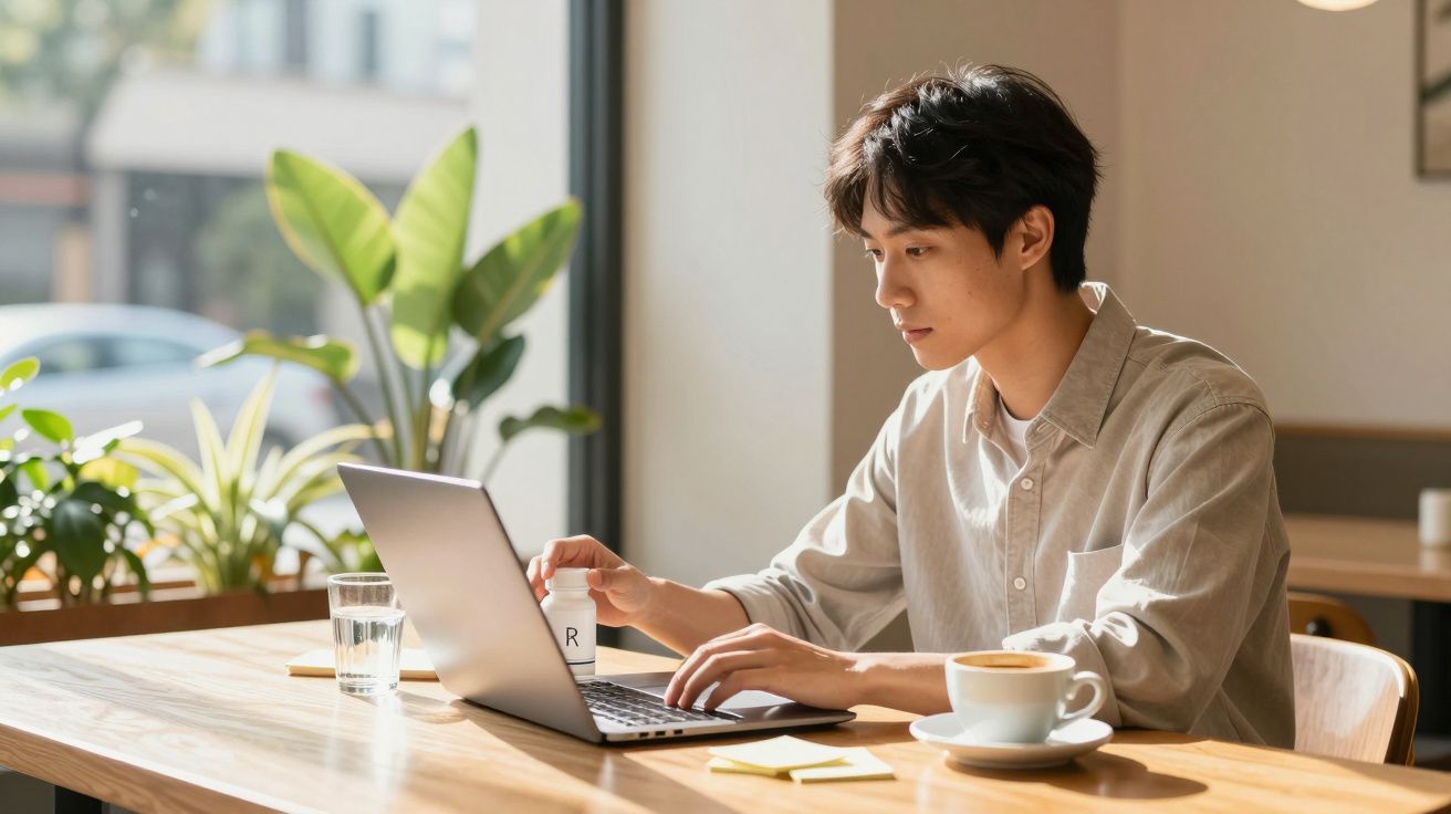 Jovem sentado em mesa de madeira usando laptop, com xícara de café e plantas ao fundo.