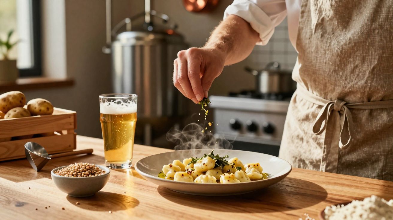 Mão de cozinheiro salpicando temperos em prato com nhoque fumegante em cozinha rústica.