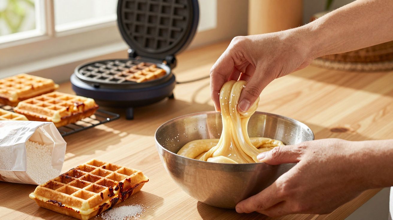 Mãos mexendo massa de waffle em tigela metálica, com waffles prontos e máquina de waffle ao fundo.